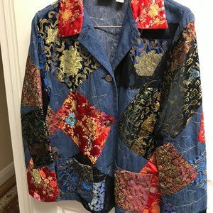 Patchwork, cozy jacket. Perfect for holiday season. Needs bottom button. Otherwi